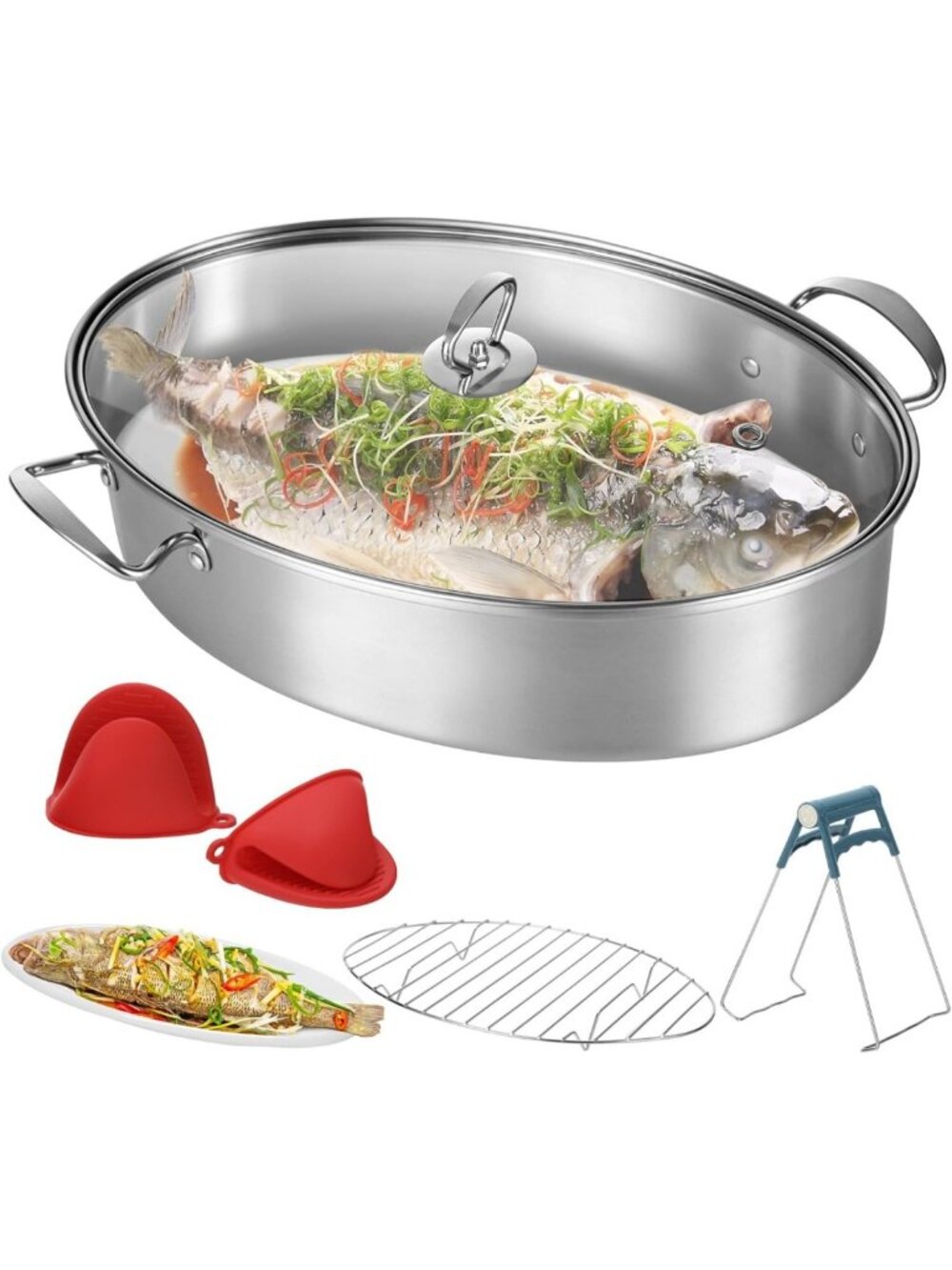 Multi-Use Stainless Steel Fish Steamer Set with Glass Lid, Rack & Gloves